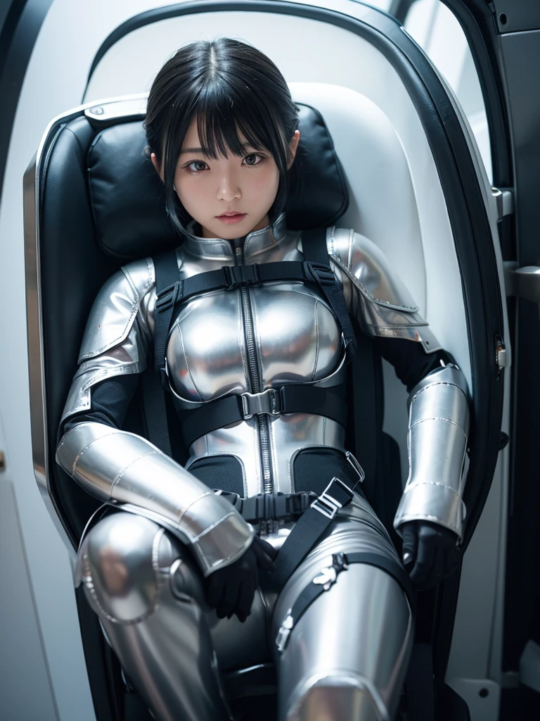 Japanese female android,Silver steel robot suit,Black Hair,Space capsule,I was completely strapped to the seat with a thick harness and couldn&#39;t move.,Plump,Big Breasts,Wide-legged squats,Surrounded by switches and monitors,