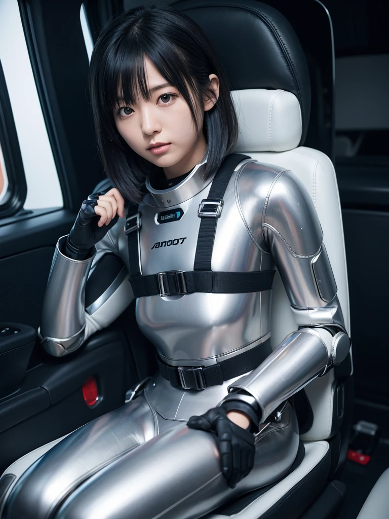 Japanese female android,Silver steel robot suit,Black Hair,Space capsule,I was completely strapped to the seat with a thick harness and couldn&#39;t move.,Plump,Big Breasts,Wide-legged squats,Surrounded by switches and monitors,