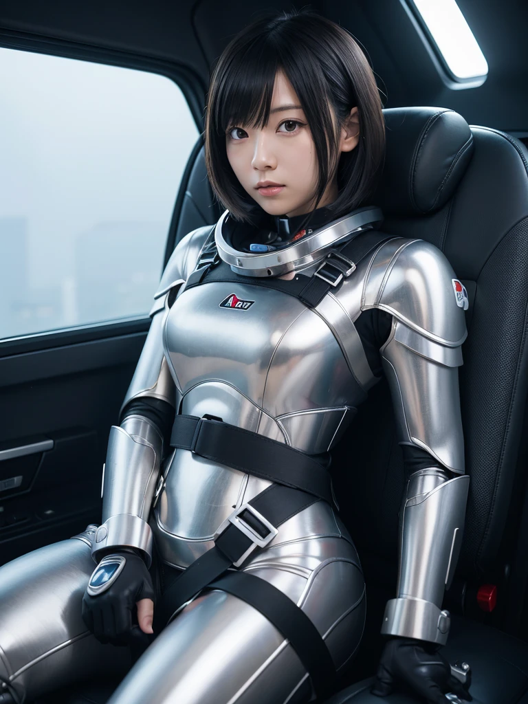 Japanese female android,Silver steel robot suit,Black Hair,Space capsule,I was completely strapped to the seat with a thick harness and couldn&#39;t move.,Plump,Big Breasts,Wide-legged squats,Surrounded by switches and monitors,