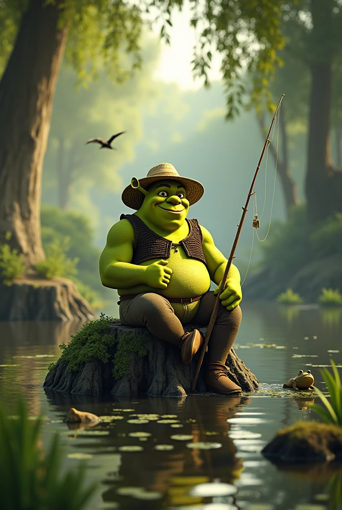 score_9, score_8_up, score_7_up, solo, male focus,shrek, green skin,scenery,swamp,lily pad,straw hat,holding fishing rod,light smile,leaves,frog,birds,sitting on tree stump,outdoors