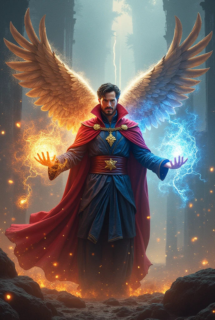 Doctor Strange and Mystic Falcon: Doctor Strange casting spells in a mystical realm, with a majestic, ethereal falcon soaring through the swirling magic, aiding in his sorcery. Doctor strange riding mystic Falcon