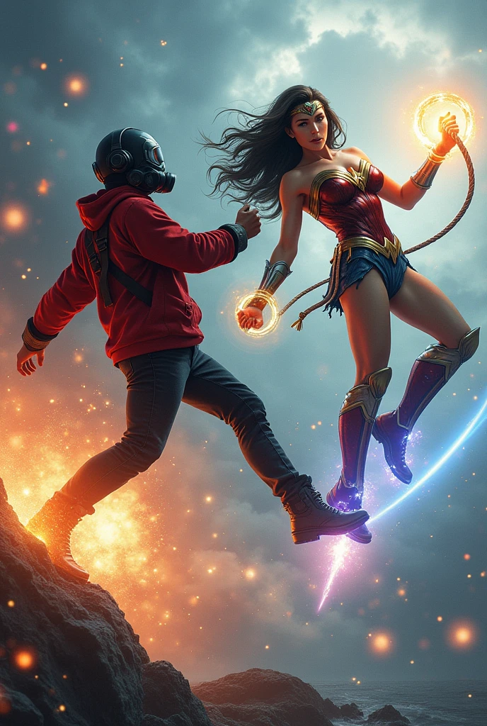 kid Star-Lord with red hoodie, Rocket boots, headphones, star-lord helmet, gas helmet, Covered mouth, Round & red eyes + Wonder woman, big breasts, perfect body, Busty, realistic, power, Kick, Attack, magic rings in the hands, Fighting, power, fiction, full body, 2 persons, magic lasso, hight, fall, fire in boots, powerful spells, realistic, war, ocean, spells, Cayendo del cielo, sleep