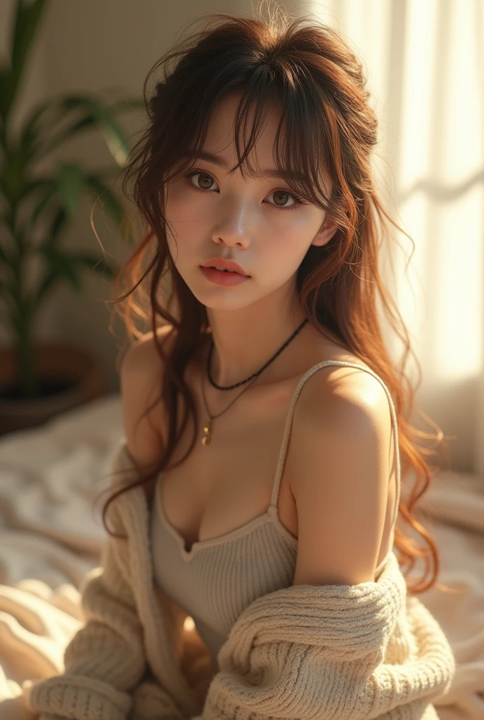score_9, score_8_up, score_7_up, BREAK, innocent and alluring, long hair, alternative vibe, beautiful eyes, freckles, medium breasts, subtle cleavage, tight body, slutty, candid picture, (cozy bedroom), off-shoulder shirt, dynamic angle, vibrant lighting, high contrast, dramatic shadows, highly detailed, detailed skin, depth of field, film grain.Japanese