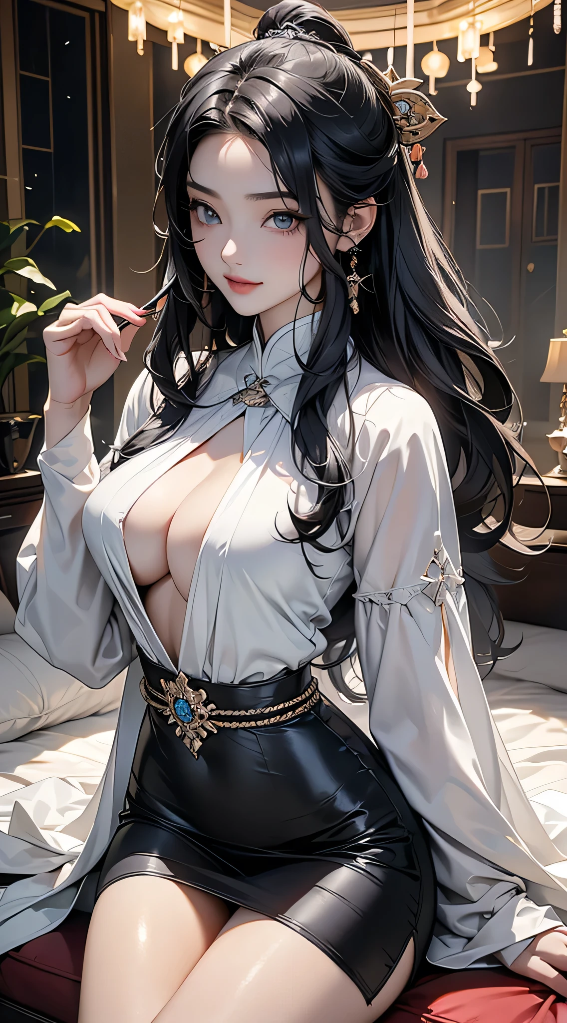 (((shenhe_Genshin Impact,Killer,Genshin Impact Impact,long_hair, blue_Eye, Bangs, hair_polyp_one_Eye, breast, hair_decorate, Large target_breast, Jewelry, grey_hair, White_hair, Nipple tassels, earrings, Very_long_hair, Weaving, Breast augmentation_curtain))),((masterpiece)),high resolution, ((best quality)),masterpiece,Top quality,Best quality,((( Looking at the audience, There is light in the Eyes))),(((Light and shadow intertwine,Increase ,Smiling,confidence))),(((Woman in black dress sitting on bed, Korean Girl, Gorgeous young Korean woman, Beautiful Korean woman, Beautiful Chinese model, Korean woman, Photos of slim girls, Beautiful young Korean woman, Charming pose, Popular content on cgstation, 2 female models, A pretty face with arms and legs, Chinese Girl, From below))),