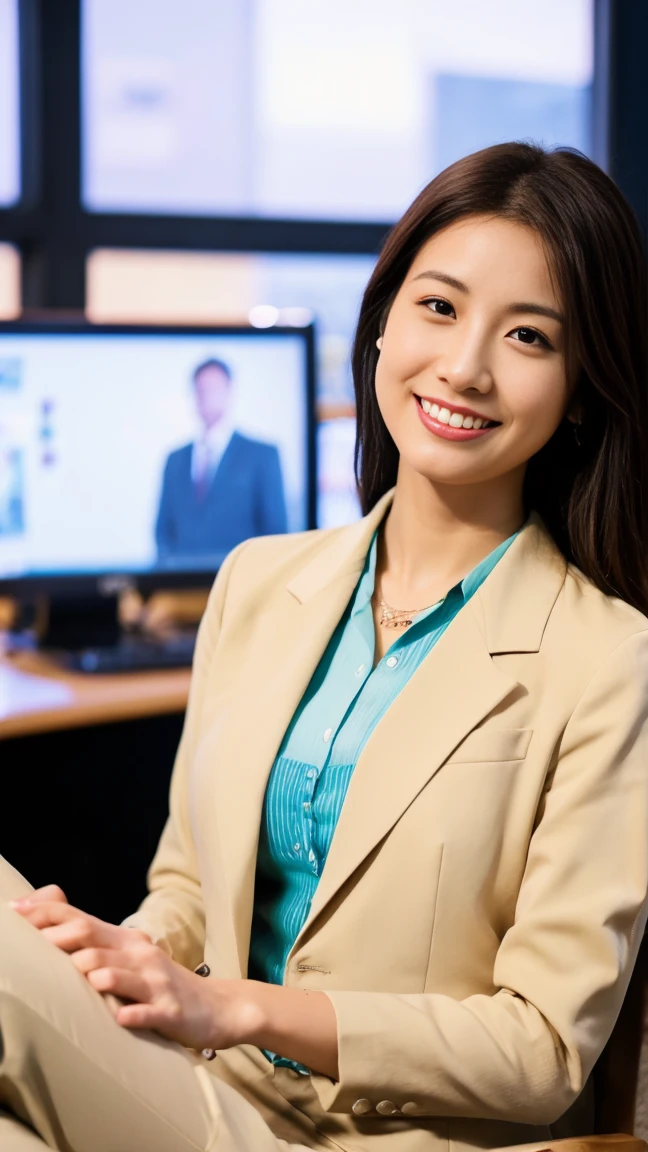 (top-quality, 16K, ​masterpiece:1.3), (ultra detailed), (masterpiece) raw photo, photo realistic, (best quality), Highest quality, Realistic, surreal, Highest quality, Extremely detailed CG, Very delicate, 16K wallpaper, High resolution, A female manager working for a top company, 3, ((Light makeup)), ((There is a mole on the face that is considered seductive:1.0)), ((adorable dimples)), ((UNTITLED business suits)), ((A very simple necklace)), ((Japanese office at night)), ((sitting in an office chair)), Japanese, slender body, ((flat chest:1.5)), detailed skin, very detailed, detailed fingers, detailed hands, detailed eyes, detailed legs, accurate and perfect human anatomy, real human skin, BREAK ((upper body)), ((look into the viewer's eyes)), ((looking at viewer)), ((Front view)), ((from front)),