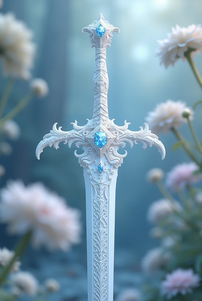 The pure white sword body is delicate and exquisitely ornate,（((The body of the sword is designed with diamond and light blue particle effect filigree patterns：1.3))), borda, (The body of the sword is symmetrically ornamented:1.3), （The entire blade of the swords is centered：1.3), Mid-range close-up，（Silhueta geral：1.3),（Fantastic angelica flowers background：1.2), Ultra photo realism, super-fino, 8k,Premium wallpapers，A mais alta qualidade de imagem，..3d,c4d,Master masterpieces，octane rendering