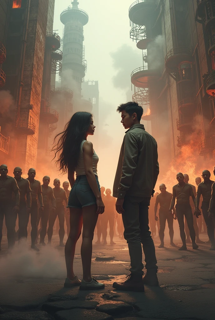 Asian girl and Asian guy against the background of a horde of zombies and burning buildings in steampunk style