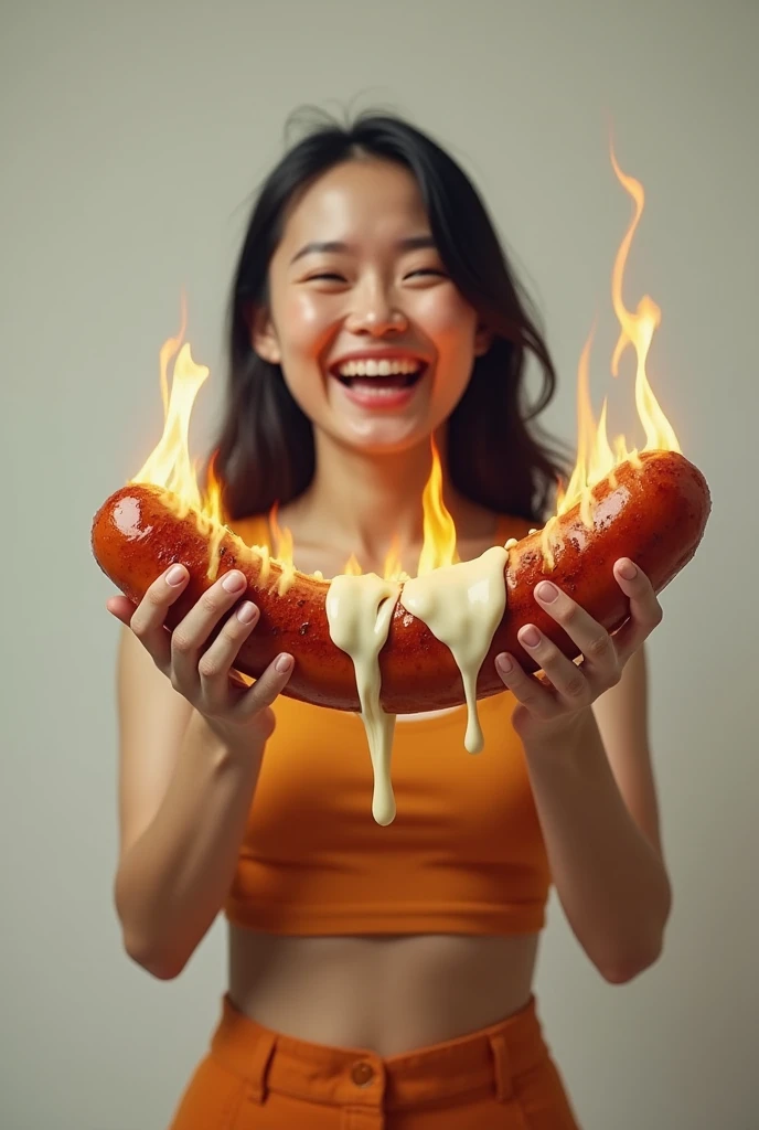 make the words "a stick of grilled mushroom sausage with a tip that expands like a mushroom with a split tip full of melted mayonnaise spewing out mayonnaise Cock shaped sausage dick " that burns with flames coming out of the hands of a beautiful Thai girl who laughs feeling funny with freestyle, photo 8k, 16k best resolution