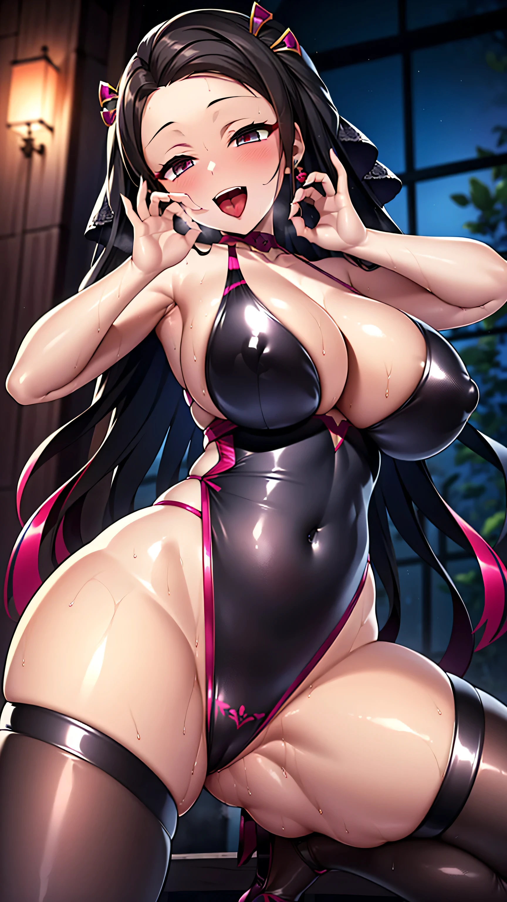 ((masterpiece、best quality、Very detailed)、((A girl))、((Black Hair、Very long hair,Double tail))、Pink Eyes、Smile,((Dark Skin))、((dancer))、((There are many piercings))、((Large Breasts))、Cowboy shooting、Shooting from above,((best quality)), ((masterpiece)), (detailed), (character focus、Breast Focus,whole body), Anime 2D Rendering, Realistic young anime women, Five fingers, Perfect face, Beautiful details, Beautiful Body, Beautiful breasts, Beautiful thighs, (Huge breasts)、Beautiful Feet, (Skin burns), baby face、 Short skirt,Wedding dress、A girl、nun、She turned her face and body toward the audience,Beautiful face and charming shyness,eternal,Hair covering eyes,(Large Breasts),Shy,Exceed,Thick Legs,Fascinating three-dimensional,Fascinating three-dimensional,Fascinating three-dimensional,Magical girl,Bright Black,((前发Hair covering eyes)),night