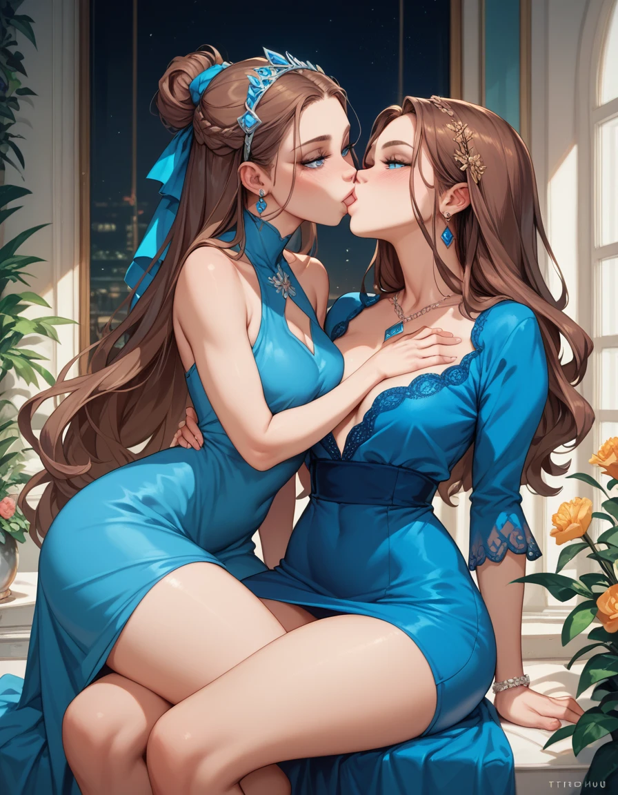 Mid- woman, enormeus chest, big hips, thight blue dress, Visible neckline, long brown hair, blue eyes, seductive face, kissing a small flushed  at her side, taking off her top slowly 