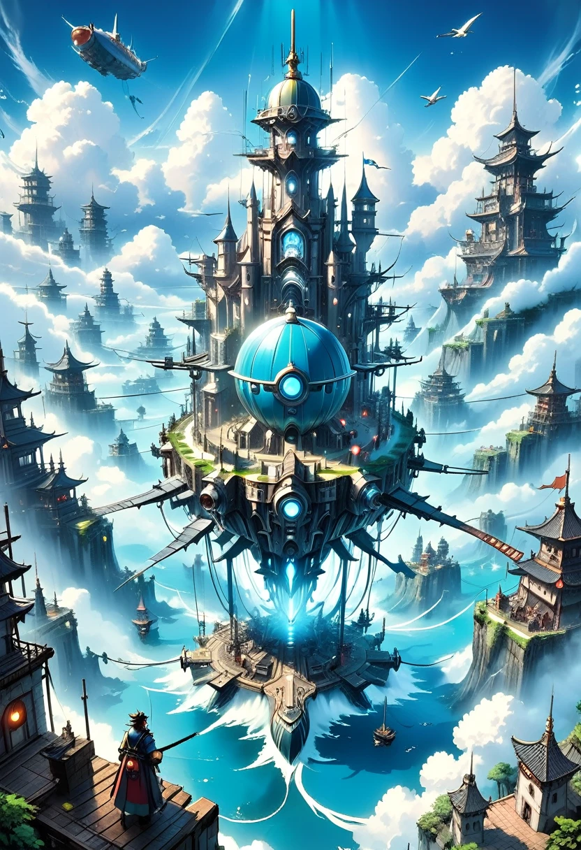 (Aerial city with flying islands),Remains,sea of clouds,airship,The World of Soratorobo,water is gushing out,Artillery battery,Fusion with fantasy,Castle in the Sky,magic,suspicious,See through,