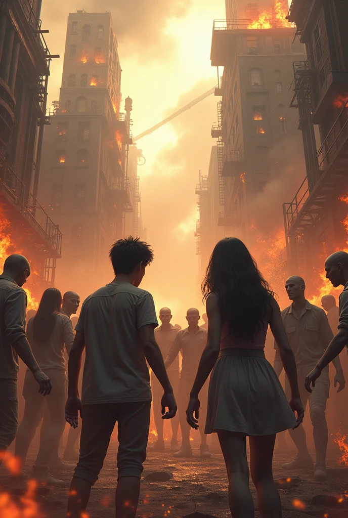 Asian girl and Asian guy against the background of a horde of zombies and burning buildings in steampunk style