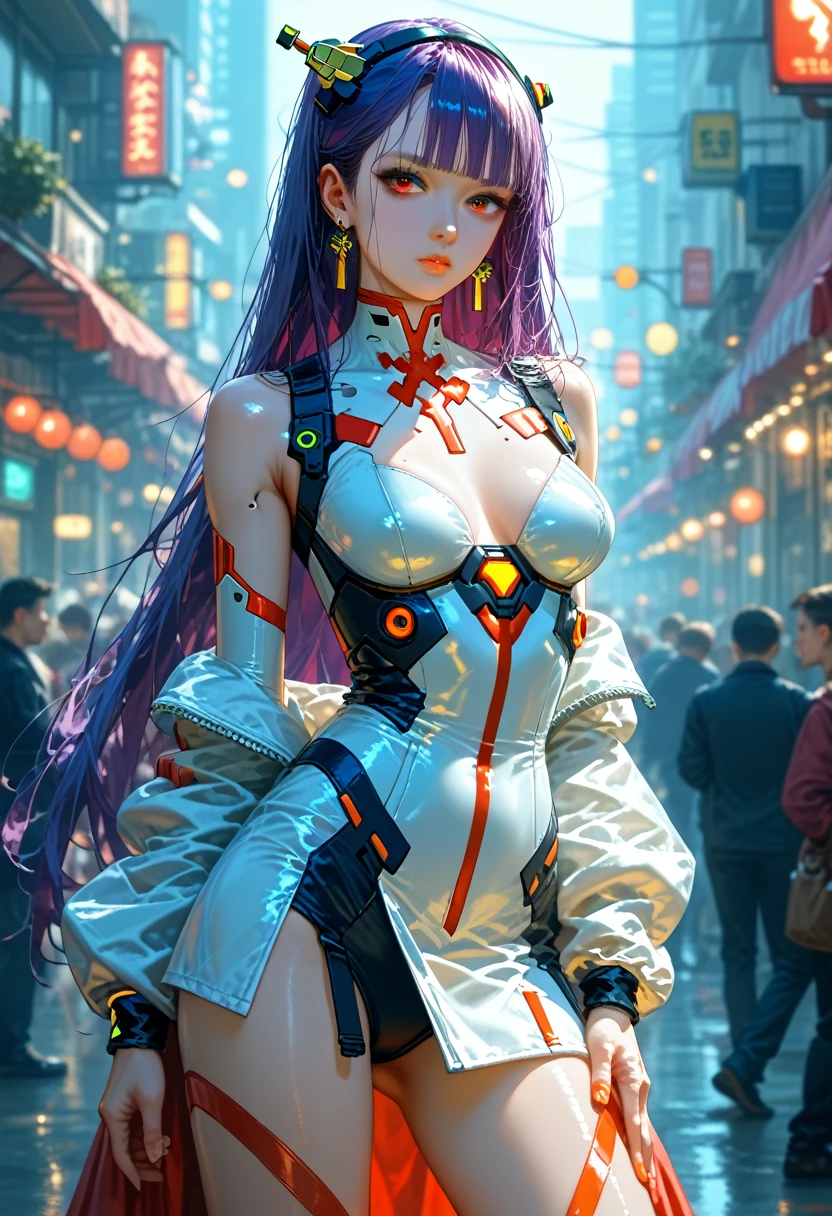 1 girl 2, blunt bangs, hair, decoration Earrings and Hairpin, Fashionable Clothing Tight clothing, (purple hair:1.2), Very long hair, straight hair, looking at the viewer Sexy, very detailed background, red eye shadow, depth of field，Hand on Hip, whole body, the full picture, (One:1.2), (Cyberpunk city:1.1), split, (finger on the lips:1.1), Shine, full height, A game of shadows, Standing Leaning Against a Lamppost, Bright Colors on Clothes, Dim Light on the Street, Wide Format Image, Full of Detail Picture, score_9,score_8_up,score_7_up,dramatic lighting,highly detailed,high budget,bokeh,cinemascope,moody,epic,gorgeous,film grain,grainy,masterpiece,best quality,perfect anatomy,very aesthetic,official art,8k,BREAK