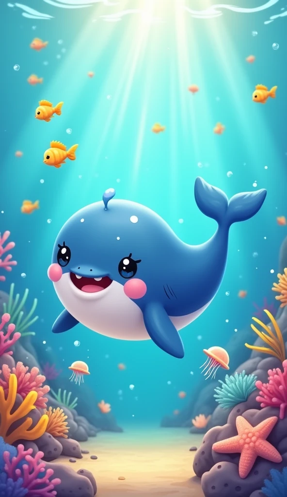 Setting: A playful, cartoon-like underwater scene featuring a cute, chubby whale as the main character.Details: The whale is soft blue with a round body, big, friendly eyes, and a wide, happy smile. It’s swimming gracefully through a vibrant, clear blue ocean. Surrounding the whale are colorful coral reefs, tiny bubbles, and schools of fish in bright colors like yellow and pink. A couple of starfish cling to the rocks, and there’s even a small jellyfish floating nearby. The background shows light rays filtering through the water’s surface, creating a dreamy underwater glow.Vibe: The scene is joyful and playful, bringing a sense of fun and innocence. The whale exudes warmth and friendliness, making it an instantly lovable character.