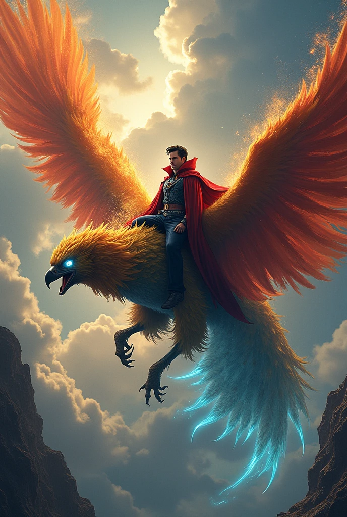 Doctor strange riding a sit up mythical phoenix 