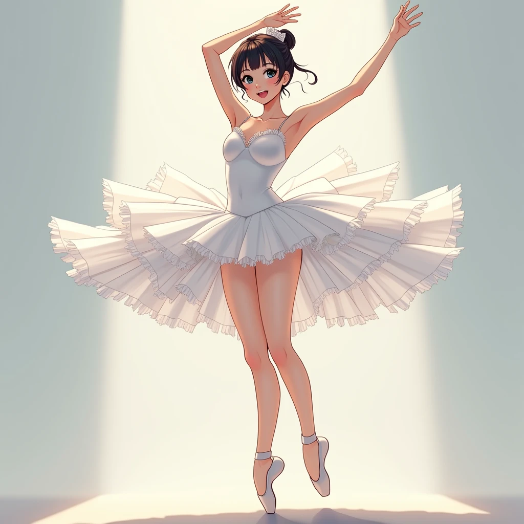 anime Illustration of a ballerina, white costume, tutu, camera perspective from underneath her thighs, showing pelvis, low shot, exposed thighs, raising arms and legs, camera angle from underneath tutu skirt, one leg raised up.
