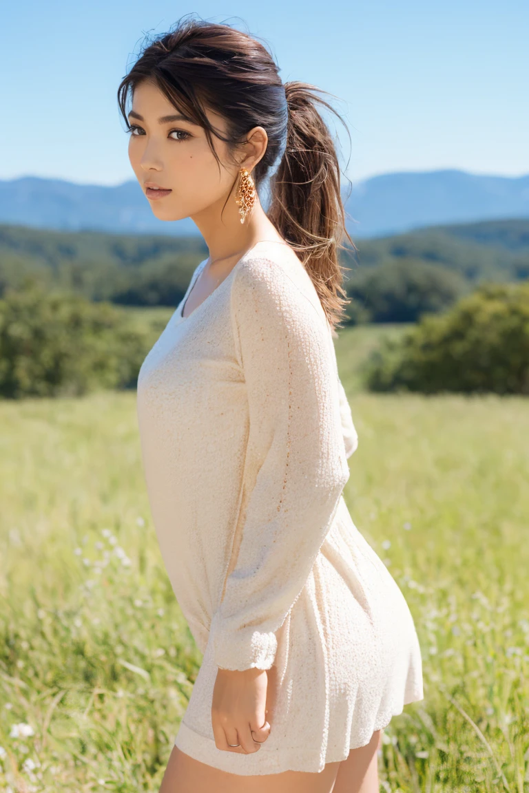 Close-up portrait of a refined woman standing in a rugged cowboy stance, amidst a sun-kissed open range landscape. She wears a knee-length floral dress with long sleeves, adding an air of sophistication. Her silvery hair is styled in a sleek ponytail, framing her striking profile and full lips. A pair of dangling earrings glimmer in the golden light, casting a warm glow on her porcelain skin. The camera captures her confident pose from a slight angle, emphasizing her strong features and contrasting textures.