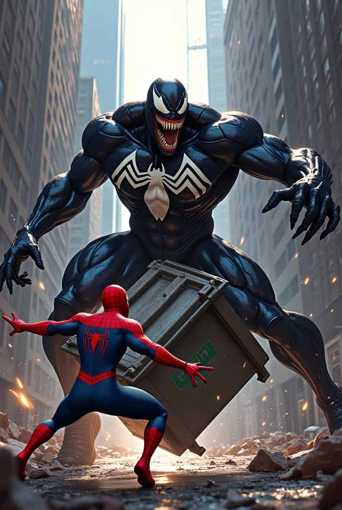 [Quick Cut: Spider-Man webs a dumpster and hurls it at Venom]
