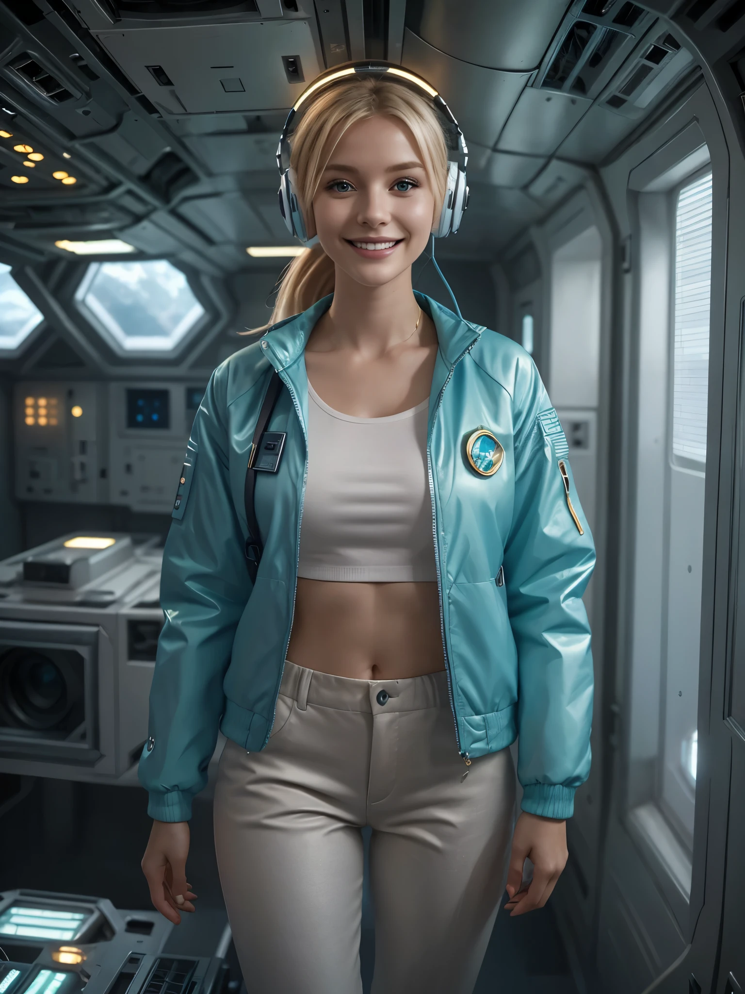 Beautiful blonde woman(best quality,4k,8k,highres,masterpiece:1.2),ultra-detailed,(realistic,photorealistic,photo-realistic:1.37),HD,sky1, stunning detailed, a 30 year old woman in grey cloth trousers, a white shirt and teal jacket white trainers, she is standing in the crew quarters of a giant space craft,  she is smiling at the camera,  she is in a large room, night time through the windows, space nebulas and controls, she is wearing communication headphones and has a gold badge,