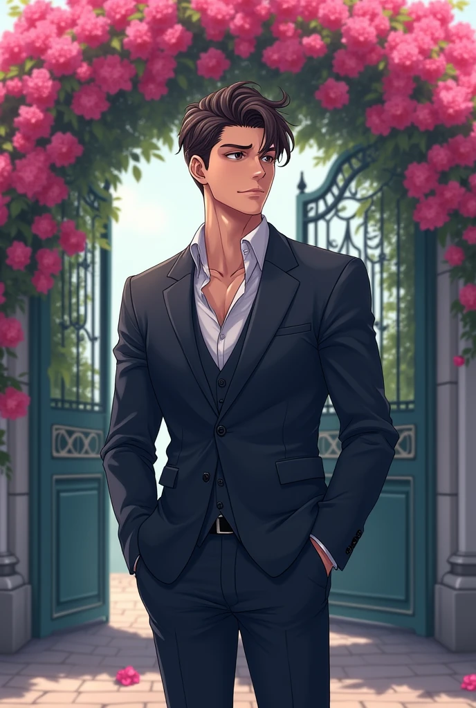 A handsome and muscular anime guy is in suit with his hands in his pockets. He is standing in the left with a dewy - eyed with love. Behind him is a gate with bougainvillea. He is waiting for his girlfriend.  