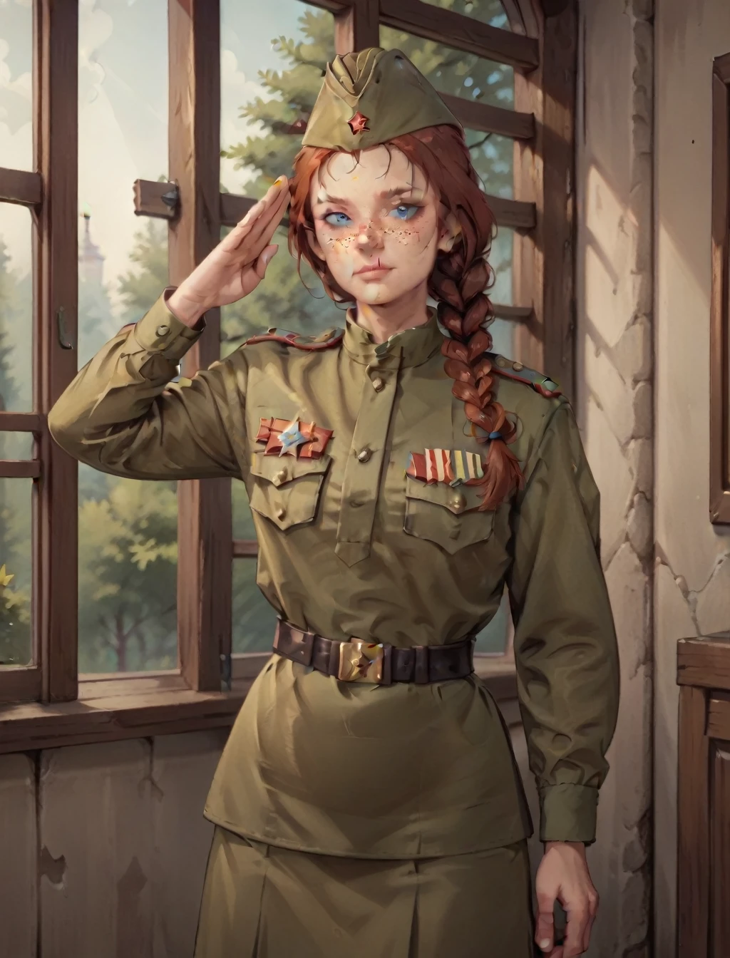 score_9, score_8_up, score_7_up, source_anime BREAK 1girl, solo,Soviet Military uniform, Soviet garrison cap, belt, red hair, braided hair, freckles, salute, look at the viewer, emotionles, T_T, skirt, blue eyes, window, tree  