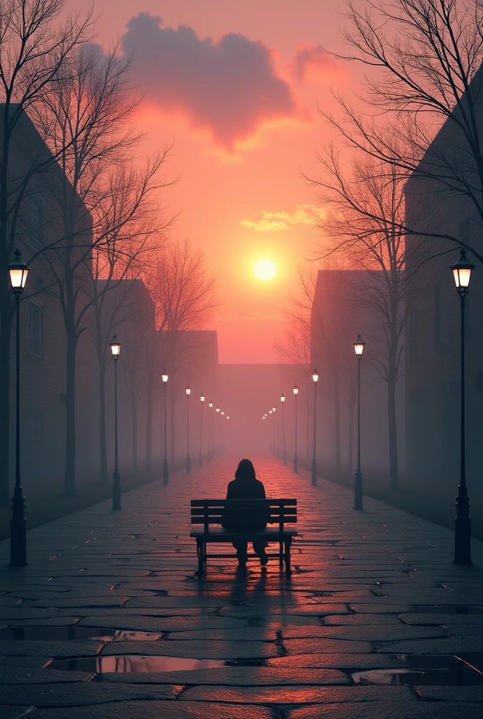 Huge round square in the city center with stone walls with paths and walkways grass and lamp posts, with several scattered trees without leaves as if it were a forest and fog and a lonely man sitting on a bench in the center of the square, only sunrise with red sky,Orange and Pink , sun appearing without clouds