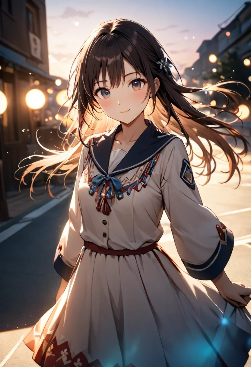 Highest quality,Delicate illustration,Detailed depiction, masterpiece, Boho Eye Hinai Girl, Playful Themes, Group of 2、Two girls、High school girls、Same uniform、Raw photo of a girl in uniform。Decorative details and symbols are often used。, Brown hair gently fluttering in the wind,Clear blue eyes、great joy、Raw photo of a girl in uniform。Decorative details and symbols are often used。, Black hair gently fluttering in the wind,Clear red eyes、A gentle smile、 Long-distance shots, High Key Light, Hard Shadows, Soft bokeh, Professional photography, A balanced deal, Balanced Exposure,