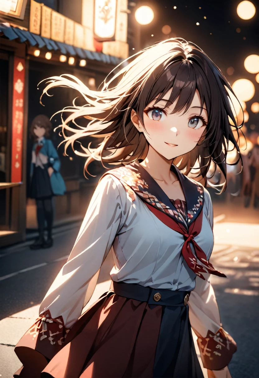 Highest quality,Delicate illustration,Detailed depiction, masterpiece, Boho Eye Hinai Girl, Playful Themes, Group of 2、Two girls、High school girls、Same uniform、Raw photo of a girl in uniform。Decorative details and symbols are often used。, Brown hair gently fluttering in the wind,Clear blue eyes、great joy、Raw photo of a girl in uniform。Decorative details and symbols are often used。, Black hair gently fluttering in the wind,Clear red eyes、A gentle smile、 Long-distance shots, High Key Light, Hard Shadows, Soft bokeh, Professional photography, A balanced deal, Balanced Exposure,