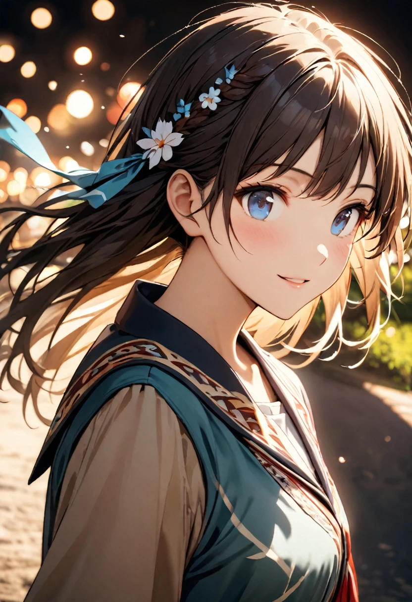 Highest quality,Delicate illustration,Detailed depiction, masterpiece, Boho Eye Hinai Girl, Playful Themes, Group of 2、Two girls、High school girls、Same uniform、Raw photo of a girl in uniform。Decorative details and symbols are often used。, Brown hair gently fluttering in the wind,Clear blue eyes、great joy、Raw photo of a girl in uniform。Decorative details and symbols are often used。, Black hair gently fluttering in the wind,Clear red eyes、A gentle smile、 Long-distance shots, High Key Light, Hard Shadows, Soft bokeh, Professional photography, A balanced deal, Balanced Exposure,