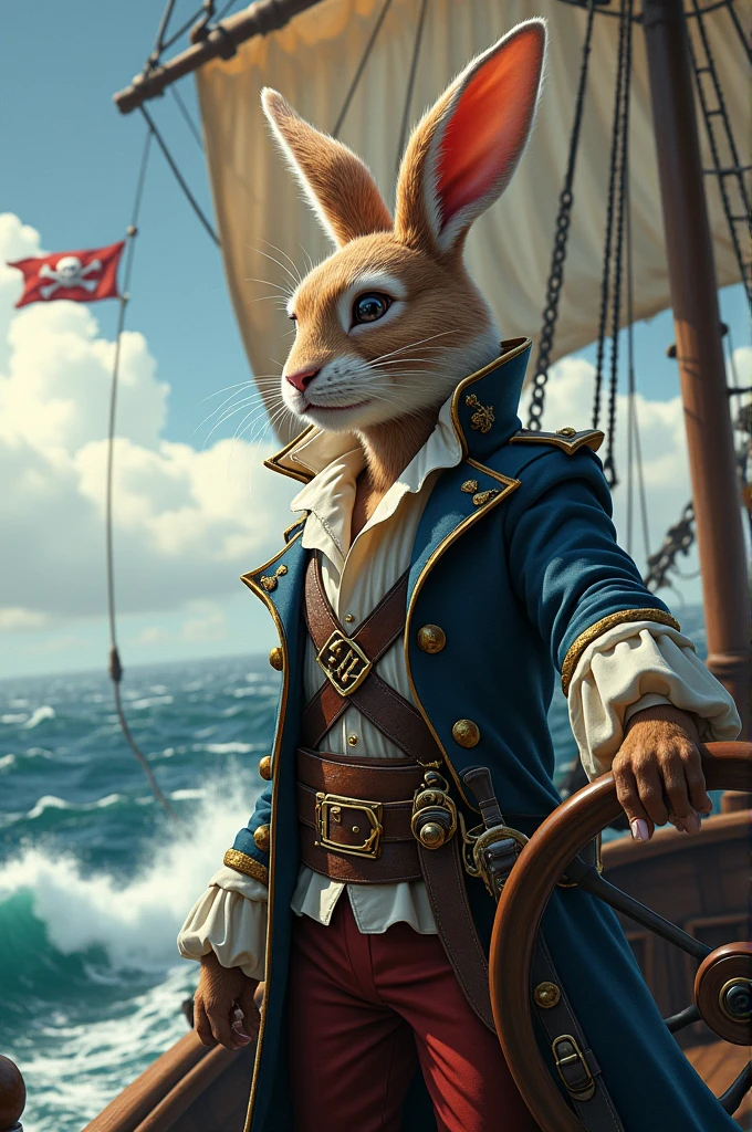 Pirate caotain bunny in  ship with pirate costume in ocean 