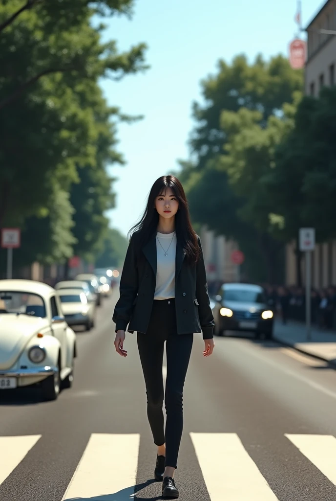 (photorealism:1.2), an image that resembles the iconic album cover of the beatles "abbey road", 3,an korean woman with long black hair, wearing a black jacket, white shirt, black pants, black shoes, walking across the zebra crossing in abbey from left to right with her head turned towards the cameraman, there is a classic white Volkswagen Beetle parked on the road on the left and further down the road on the right side there are more cars and trees lining the road. This image is very famous and often imitated in popular culture,
