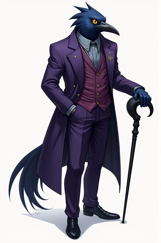 Kenku with dark blue plumage, with a purple suit with small golden decorations, a monocle kept in his jacket pocket and a cane with a crow-shaped grip