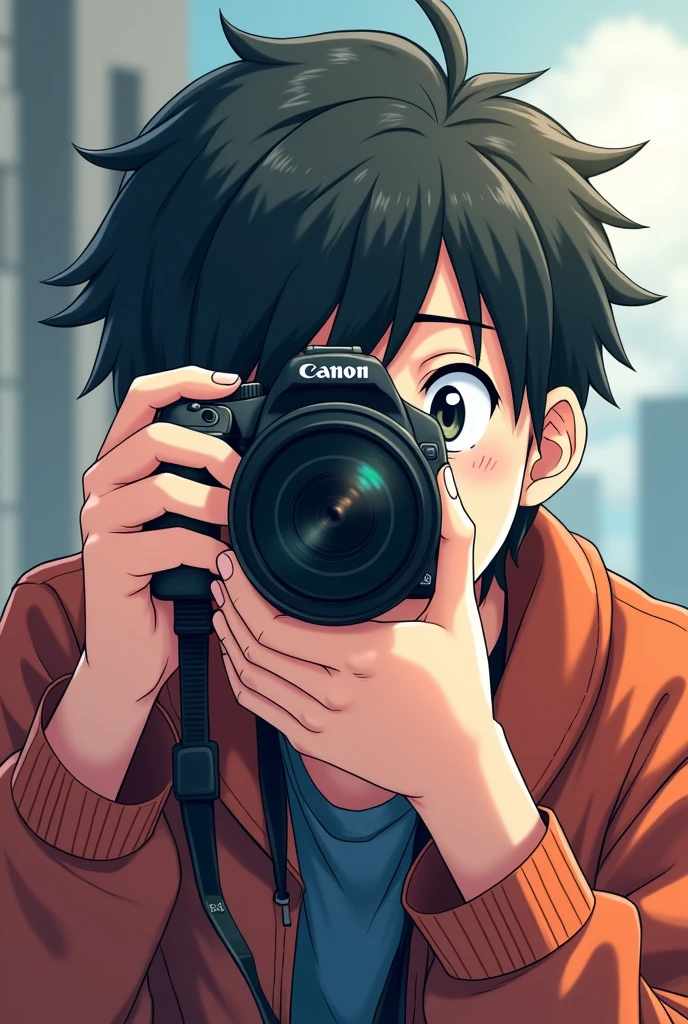 An anime man trying to take a picture of me with a canon camera  (the camera is in front of his face looking through the view finder) the eyes is covered with the camera, so the left eye is in front of the view finder and the right eye is closed (the photo is medium shoot)