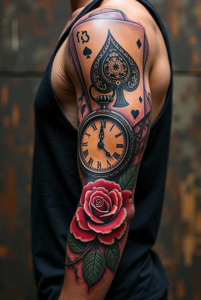 Arm sleeve tattoo with cards clock and rose