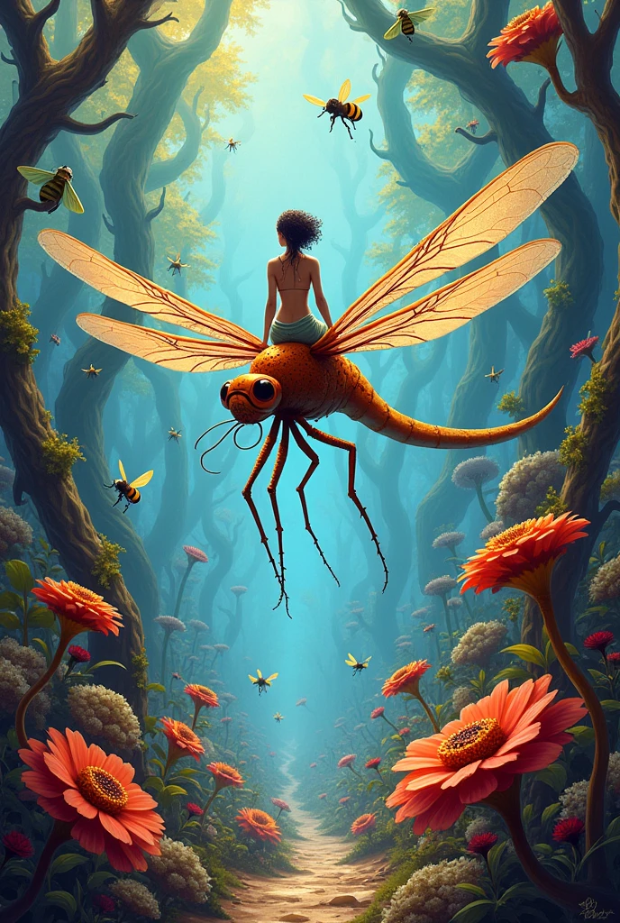 You dream of riding a large dragonfly in a garden that is completely foreign to you. Most of the plants around you look strange and odd.Several bees and other insects of giant size are also around the area.
Describe the situation in the form of paint by emphasizing the elements of form, braided, tones and lighting on plants and insects.