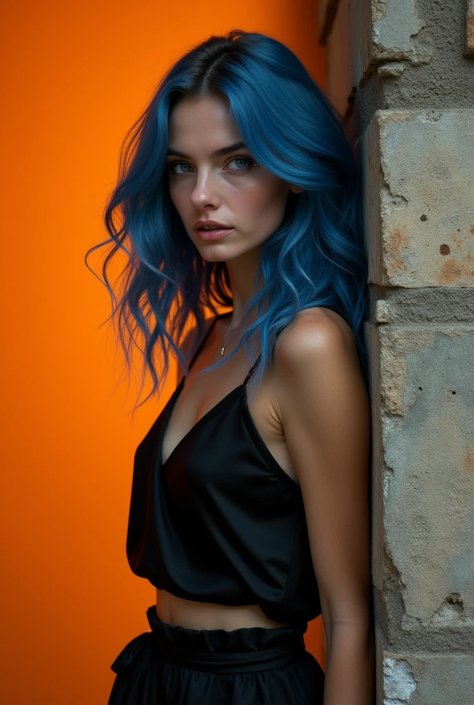 realistic photography prompt A slim, long-haired female, Wavy hair and blue eyes , Profile., Leaning against a European wall ,monochrome , with a black silk top and a skirt. She has a defiant expression...orange background
