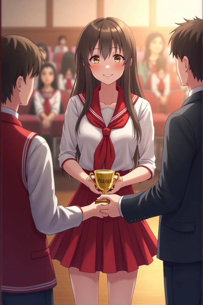 A high school girl in red and white uniform receiving award for first position in boards examination from principles in school