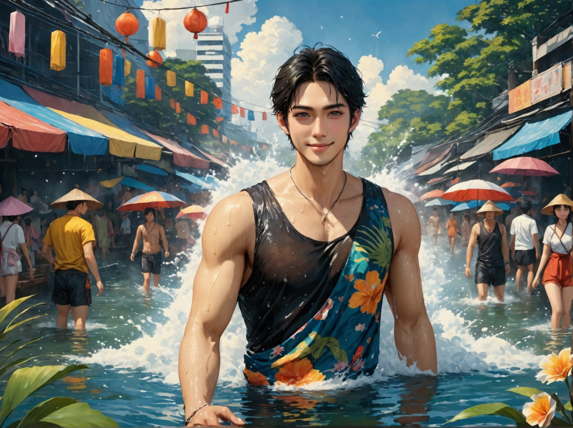 Japanese,25-30 years old , handsome, the weather is summer,Wear summer sex clothes,For example, top tank(Super detailed, Realistic, best quality, 4K, 8k, High resolution, masterpiece:1.3)The background is Bangkok, Thailand, the Water Splashing Festival,wet,happy with smile