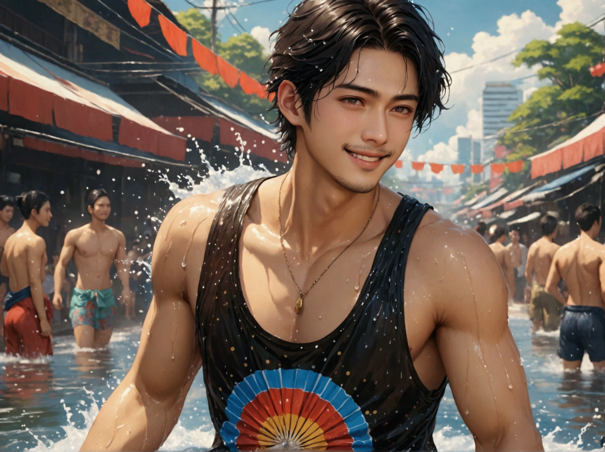 Japanese,25-30 years old , handsome, the weather is summer,Wear summer sex clothes,For example, top tank(Super detailed, Realistic, best quality, 4K, 8k, High resolution, masterpiece:1.3)The background is Bangkok, Thailand, the Water Splashing Festival,wet,happy with smile