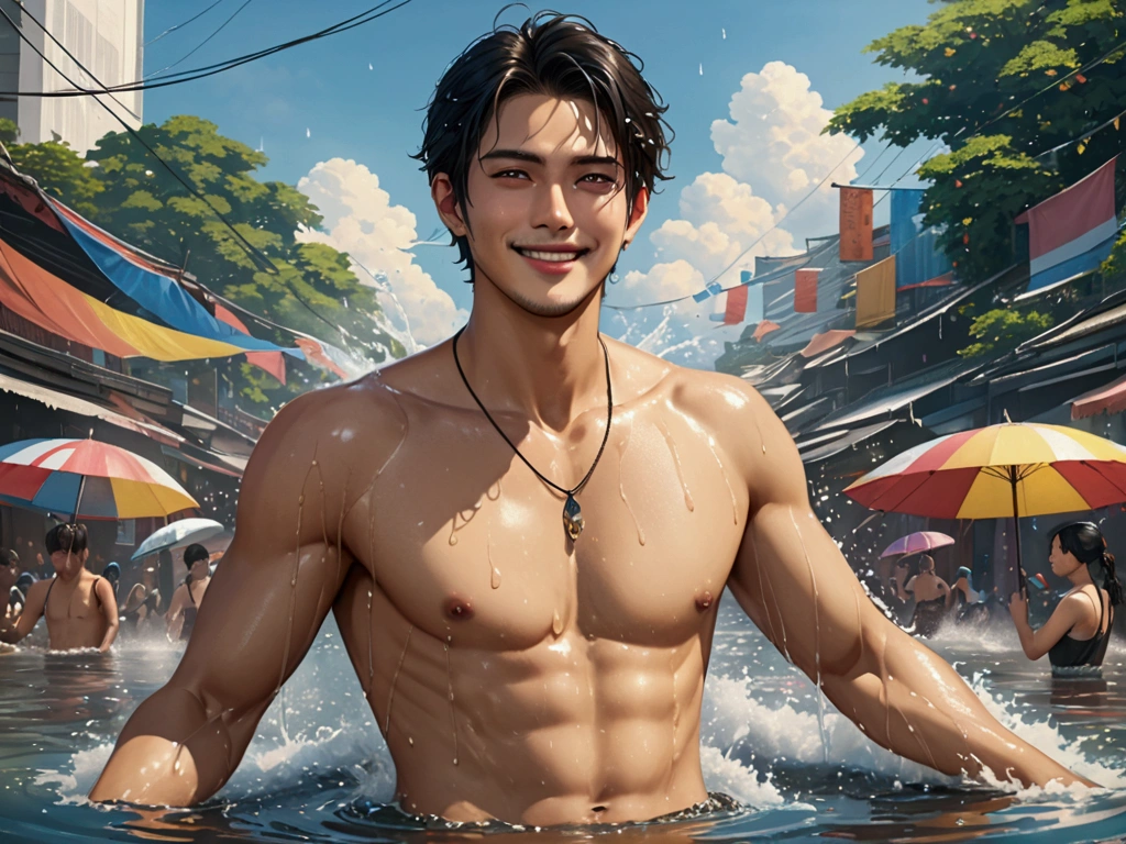 Japanese,25-30 years old , handsome, the weather is summer,Wear summer sex clothes,For example, top tank(Super detailed, Realistic, best quality, 4K, 8k, High resolution, masterpiece:1.3)The background is Bangkok, Thailand, the Water Splashing Festival,wet,happy with smile