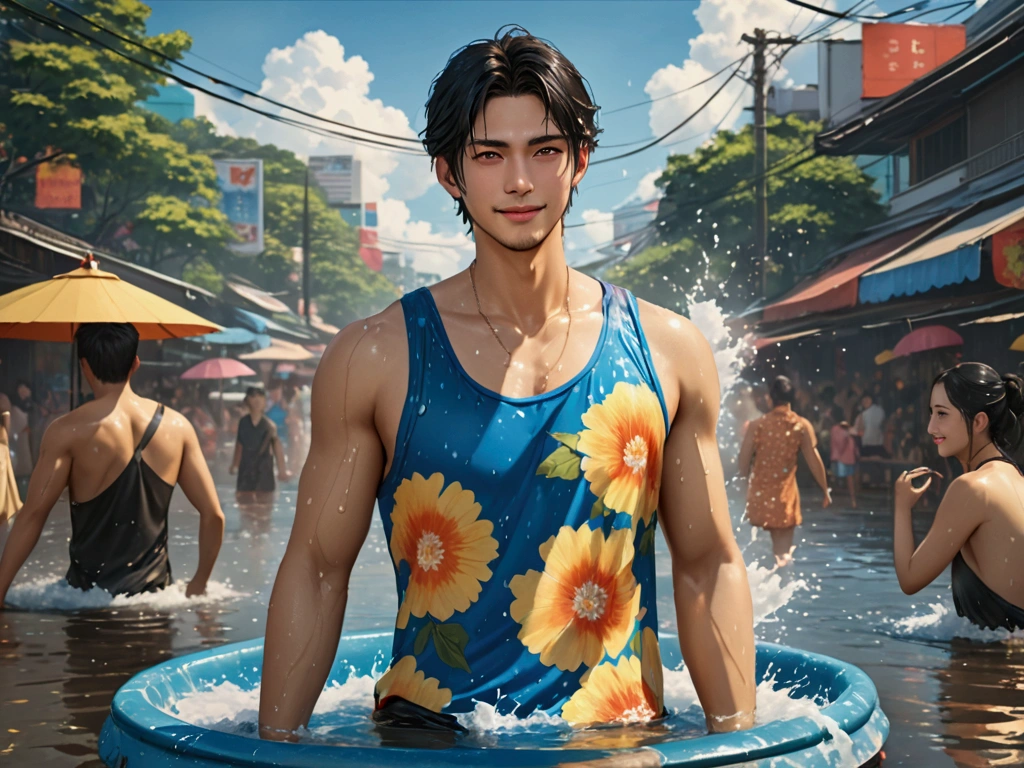 Japanese,25-30 years old , handsome， the weather is summer，Wear summer sex clothes，For example, top tank（Super detailed, Realistic, best quality, 4K, 8k, High resolution, masterpiece:1.3)The background is Bangkok, Thailand， the Water Splashing Festival，wet，happy with smile
