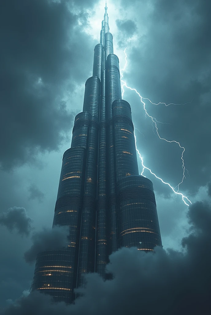 : A dramatic, eye-catching image of a stack of iPhones towering impossibly high, breaking through the clouds, with lightning crackling around the stack. The Burj Khalifa looms in the background, but the iPhone tower steals the spotlight. The sky is dark and stormy, emphasizing the epic scale.