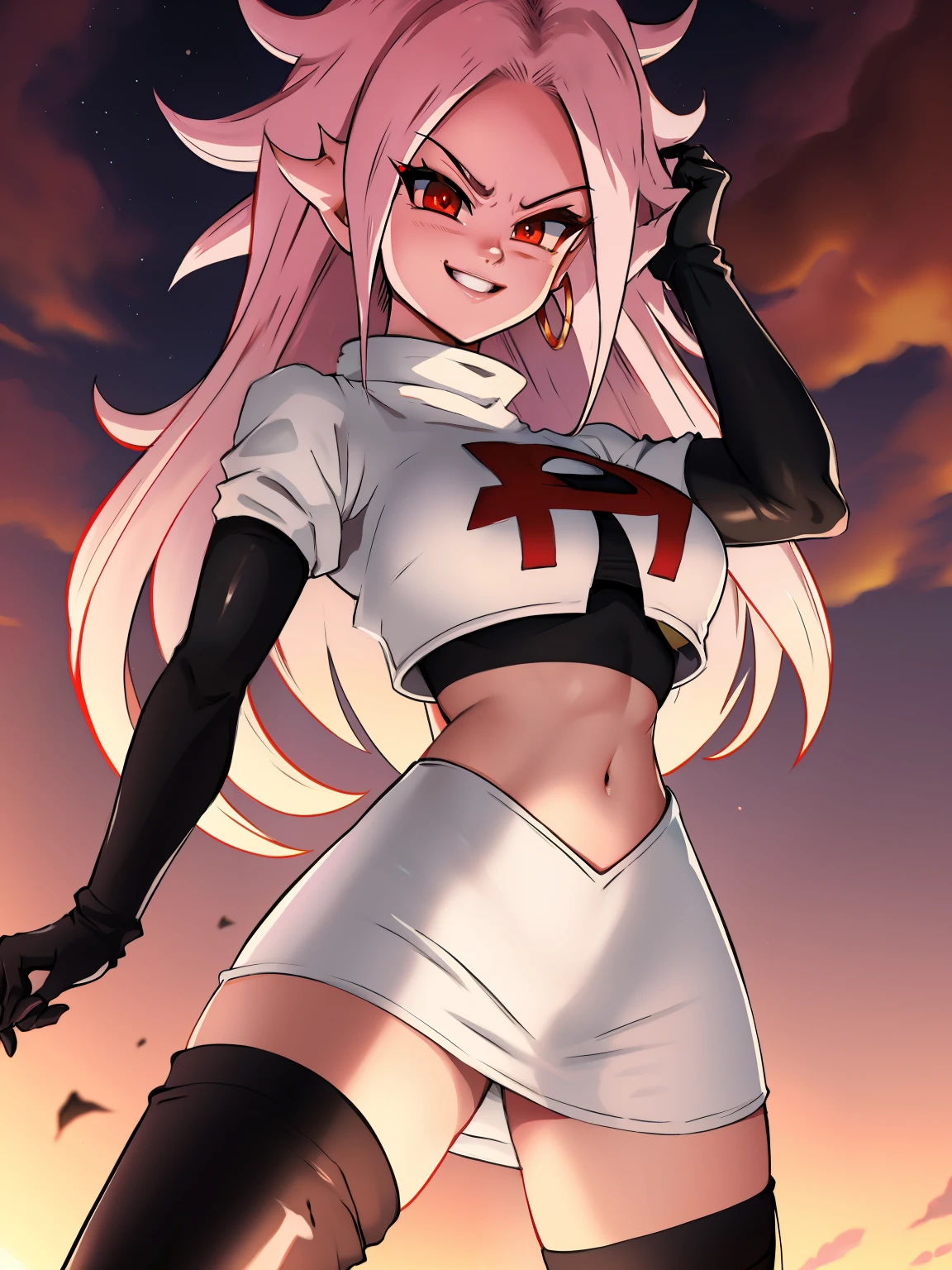 Android 21, team rocket uniform, red letter R, white skirt,white crop top,black thigh-high boots, black elbow gloves, sexy poses, peau rose, evil smiling