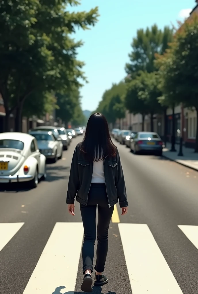 (photorealism:1.2), an image that resembles the iconic album cover of the beatles "abbey road", 3,an korean woman with long black hair, wearing a black jacket, white shirt, black pants, black shoes, walking across the zebra crossing in abbey from left to right with her head turned towards the cameraman, there is a classic white Volkswagen Beetle parked on the road on the left and further down the road on the right side there are more cars and trees lining the road. This image is very famous and often imitated in popular culture,