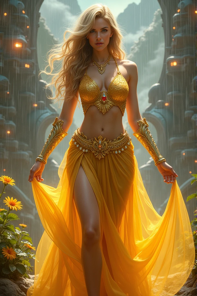 Woman in a golden transparent dress,view the viewer,(((Huge breasts, Large cleavage))),Slim waist,(navel baring,Bare waist), Long hair, Ultra-detailed details,High-end Zhenyi station, Rainstorm site, detailed fantasy art, Stunning character art, Beautiful and exquisite character art, Beautiful gold and silver armor, Extremely detailed, Girl in shiny armor, Exquisite tiaras and jewelry,Crystal jewelry filigree, milky ways, Stunning visuals, (dynamic streaks, light tracks:1.2), Vibrant colors,in a garden,mountains background