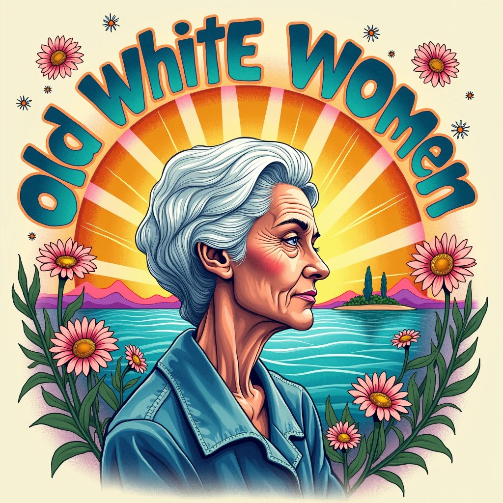 black background,psychedelic, hippie from the 60s hand-drawn aesthetic.the text 'Old White Women for Harris and Freedom' in largre bold, rounded typography font with a hand-drawn at the top and below,scattered small daisies.small center feature watercolor hand drawnof portrait of an elderly woman in profile,capturing the details of her face, highlighting the wrinkles and contours,Use cool blues for her clothing,depict her hair in various shades of white and gray with subtle blue undertones,behind her is illustration of an island with a rising sun and rays extending outward, stylized waves, in the center. Use vibrant playful, tones light blue, yellow green,orange,pink,red