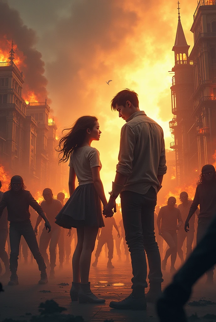 Asian girl and Asian guy so that faces are visible against the background of a horde of zombies and burning buildings in steampunk style