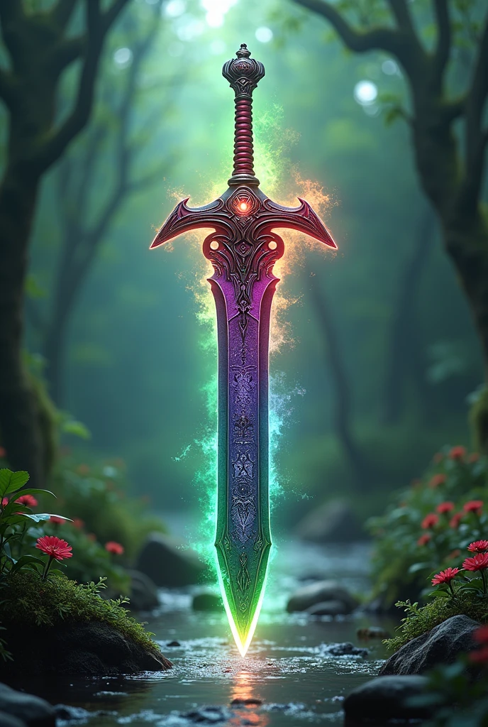 Sword of life creation green with purple and red mystycal aura,killing aura,the moon slash,earth shatter,ultra detailed black rune on sword,divine god weaponery,ultra detailed sword,full of life background,many plant background,fairy breath everywhere,the river of life,super high realistic sword,better quality, 24K ultra hd,((masterpiece))undefined, undefined, undefined, undefined, undefined, undefined, undefined, undefined, 