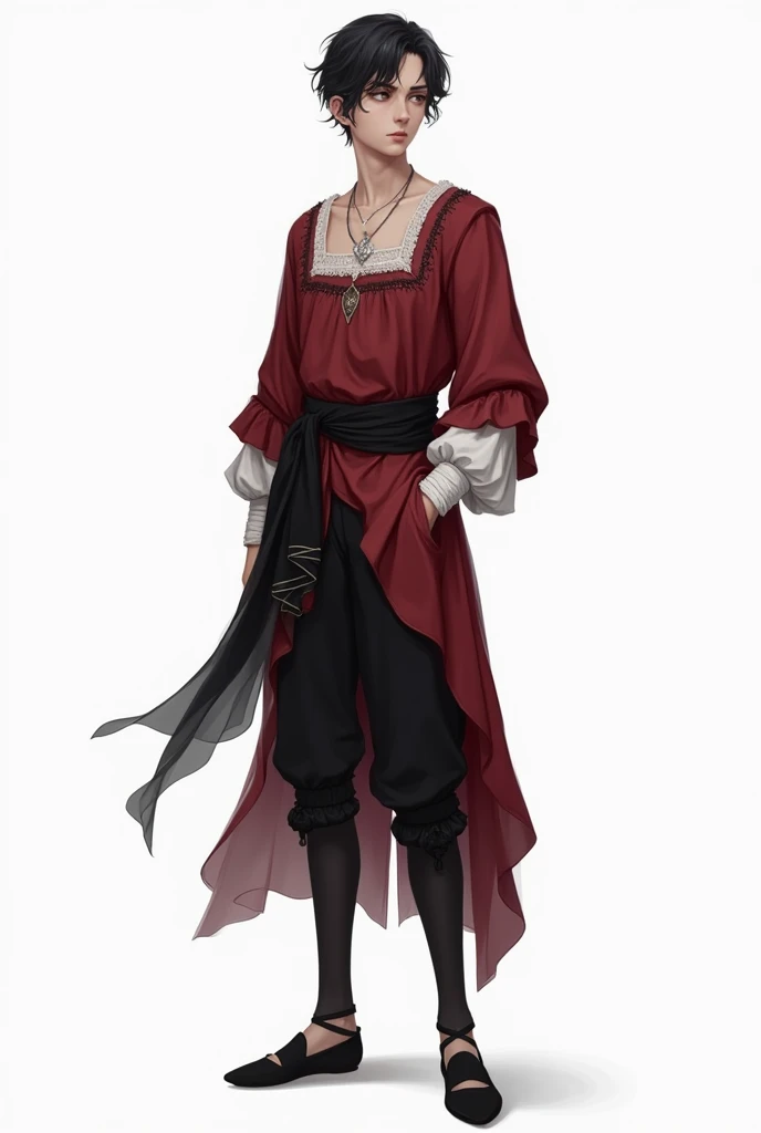 Whole body, Slim young man,ballet square neck shirt,bordados de crows de encaje pequeños,silk fabric, silver jewelry,along with pants with a skirt behind, medieval, silver jewelry, wine red colors with black, white,ancient heramonal, delicate, Royals, delicate, Simple, fondo white, vista Whole body, Silk fabrics with ruffles, lace, ballet shoes, crows