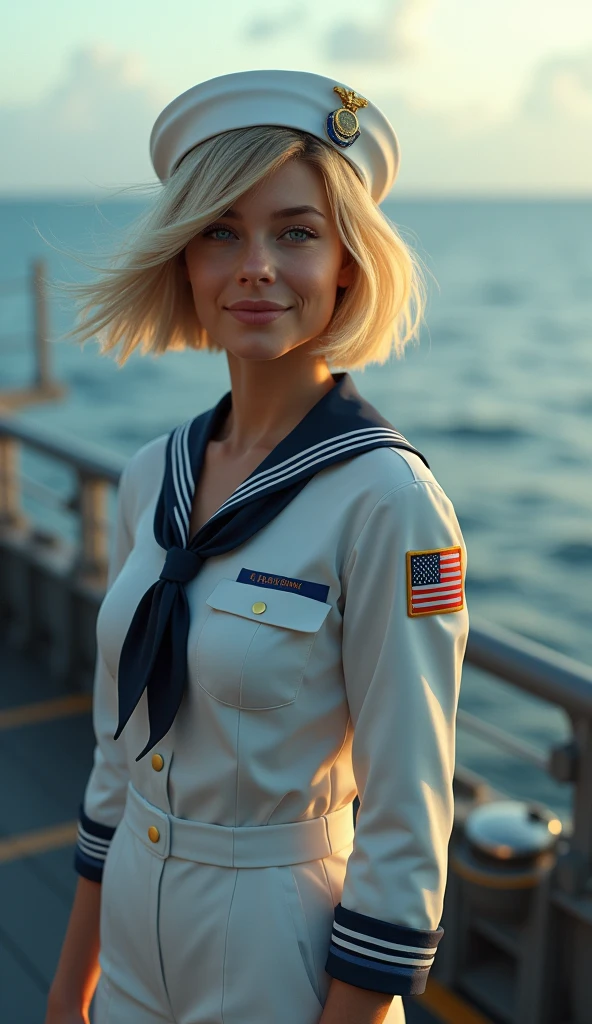 {{masterpiece, Best quality, extremely detailed computer graphics, unity 8k wallpaper, cinematic lighting, }}, Sony α7, wide frame, South Pacific, during the war with the Asian powers, the wind blows on the Aegis ship, 1 girl, whole body, smile, she is a U.S. Navy sailor, Caucasian, 20 years, smile, blonde hair, Short Bob, Blue eyes , long eyelashes ,